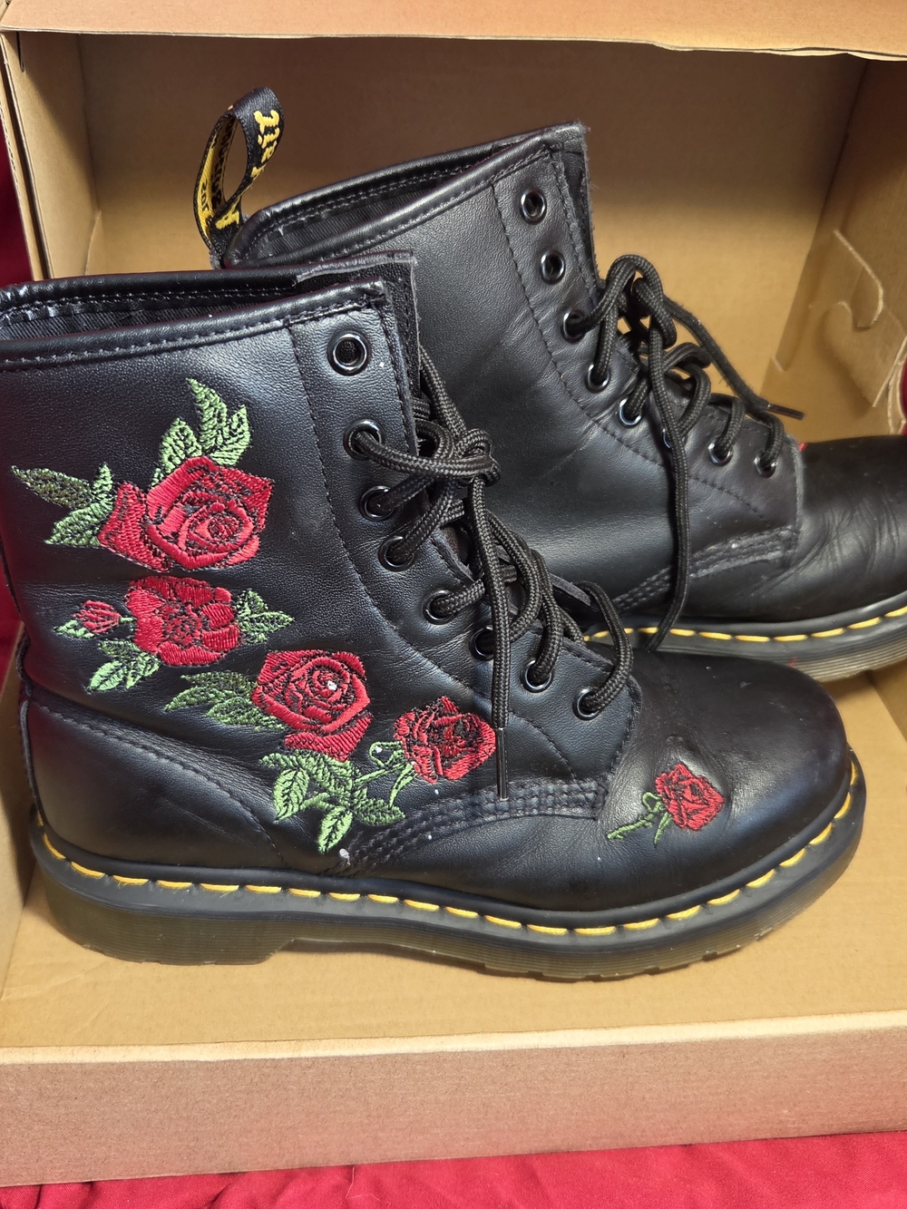 Dr. Martens Black Leather Lace-Up Boots with Red Rose Embroidery Size 7